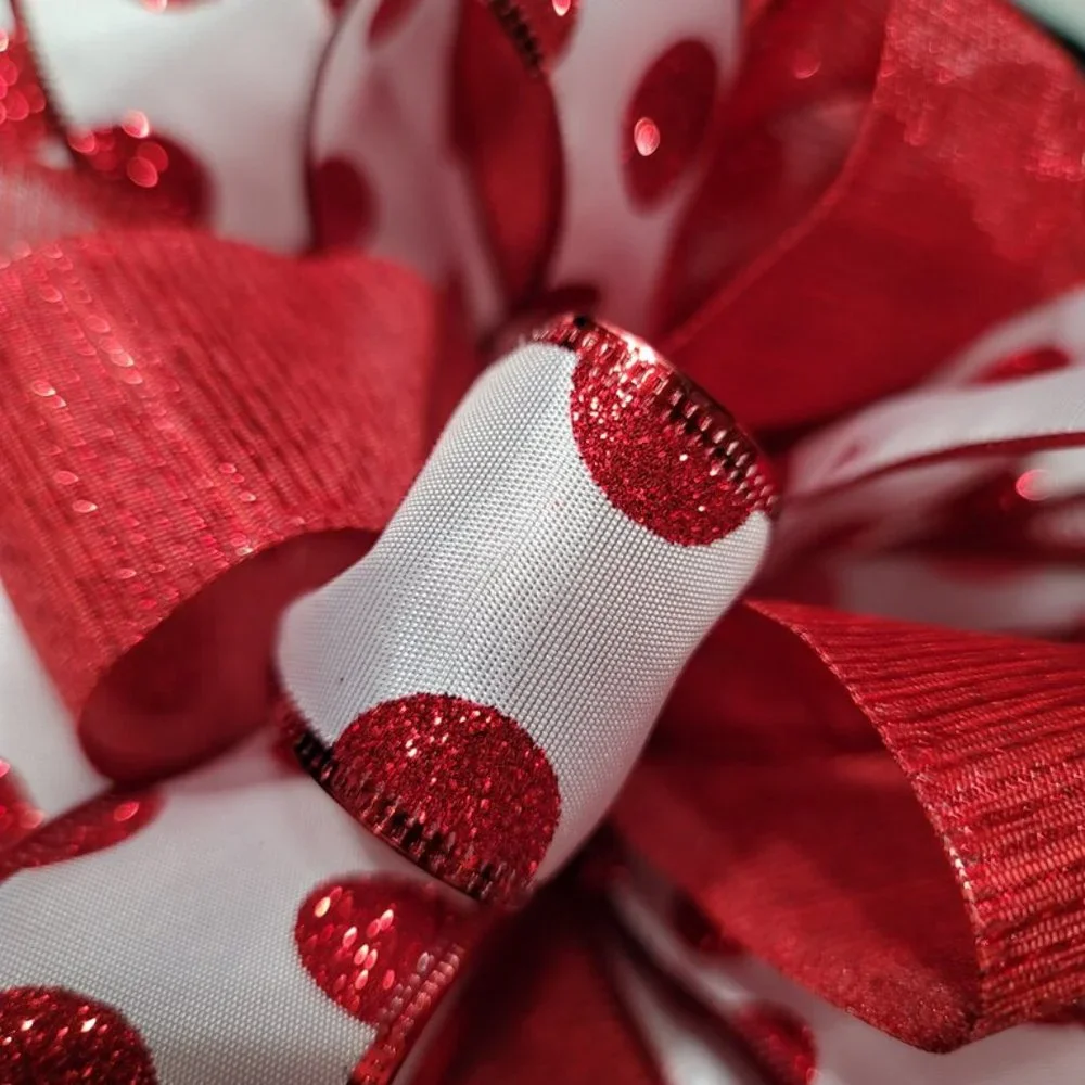 Christmas Tree Bow Topper, Red Polka Dot and Red Ribbon Bow Tree Topper 44 Loop‎